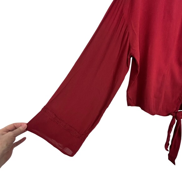 Freshman 1996 Top Womens Juniors Large Red Maroon Long Sleeve Tie Front Blouse - Picture 4 of 10